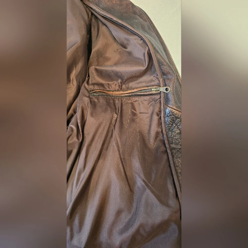 Classic Heavy Brown Leather Motorcycle Zip Jacket - Men's L